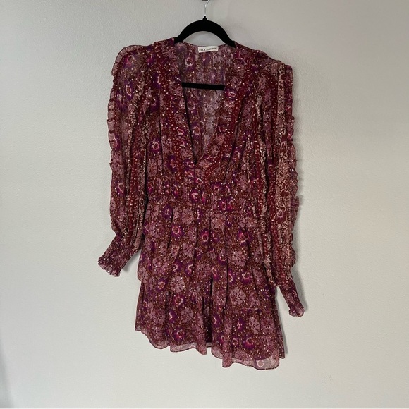 ULLA JOHNSON Brisa Printed Ruffle Mini Dress Claret Patchwork Silk Boho Women 2 - Picture 4 of 15